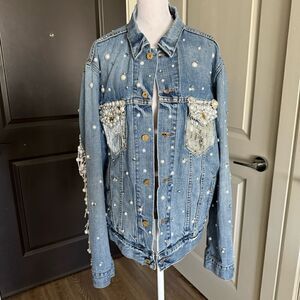 Levi’s Custom Rhinestone Cowgirl Bachelorette Disco Fringe Jean Jacket Size L